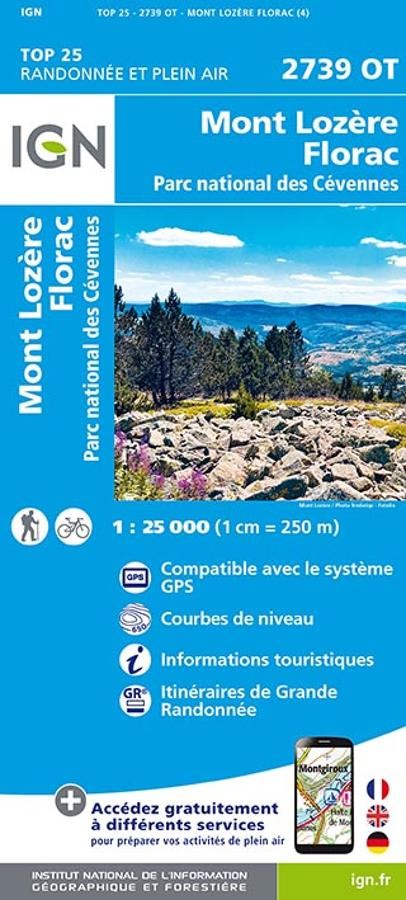 Carte IGN mont lozere florac parc national des cevennes 2739OT série Top 25