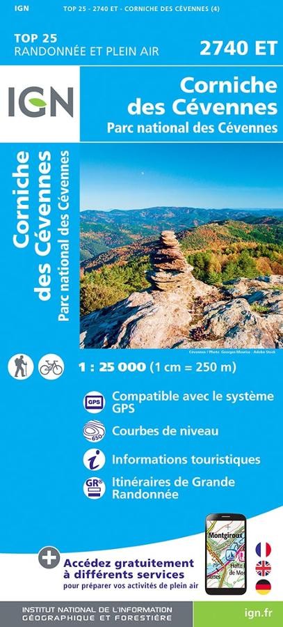 Carte IGN corniche des cevennes parc national cevennes 2740ET série Top 25