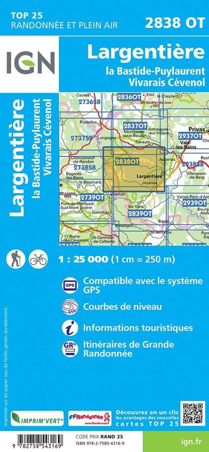 Carte IGN largentiere bastide puylaurent 2838OT série Top 25
