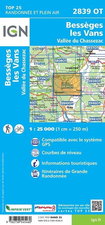 Carte IGN besseges les vans vallee du chassezac 2839OT série Top 25