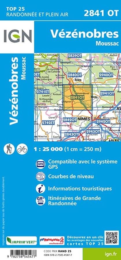 Carte IGN vezenobres moussac 2841OT série Top 25