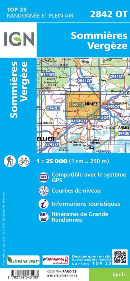 Carte IGN sommieres vergeze 2842OT série Top 25