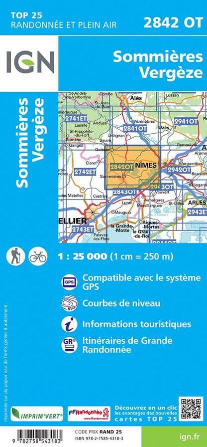 Carte IGN sommieres vergeze 2842OT série Top 25