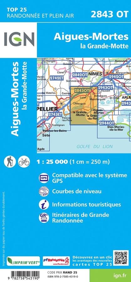 Carte IGN aigues montes la grande motte 2843OT série Top 25