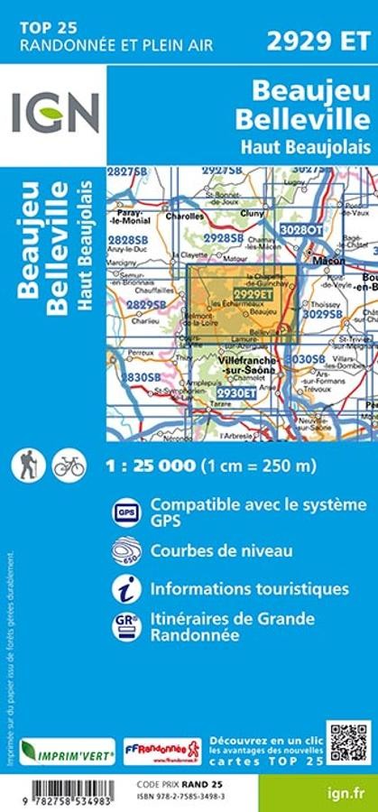 Carte IGN beaujeau belleville haut beaujolais 2929ET série Top 25