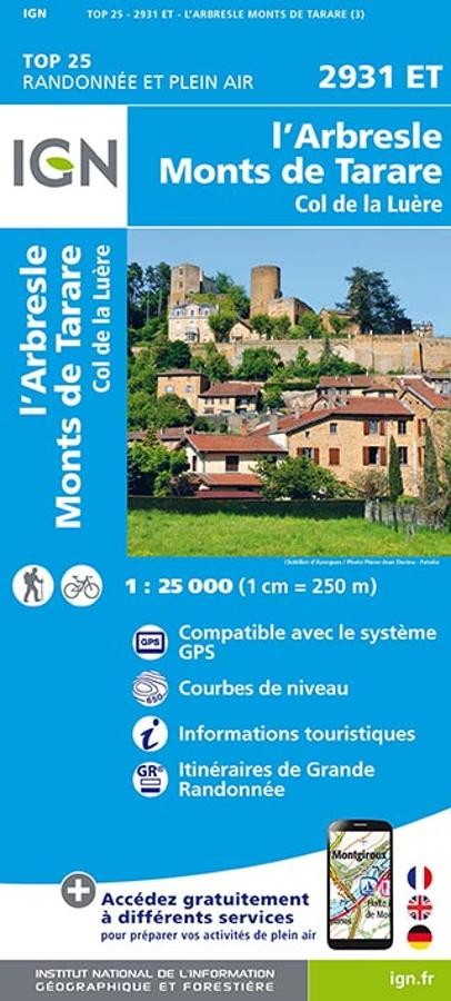 Carte IGN arbresle monts de tarare col de la luere 2931ET série Top 25