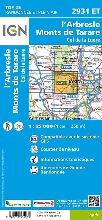 Carte IGN arbresle monts de tarare col de la luere 2931ET série Top 25