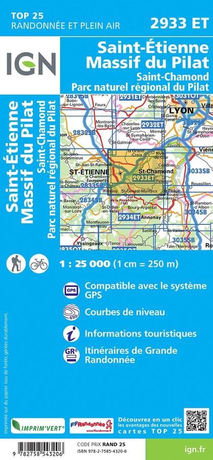 Carte IGN massif du pilat saint etiennes saint chamond parc pilat 2933ET série Top 25