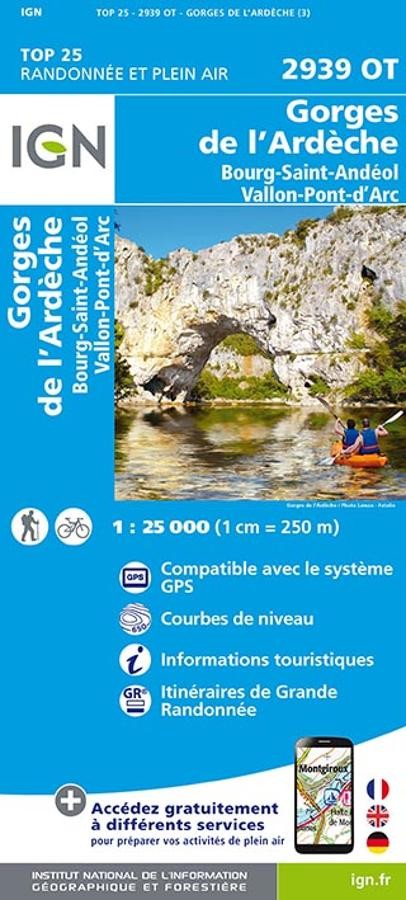 Carte IGN gorges ardeche bourg saint andeol vallon pont arc 2939OT série Top 25