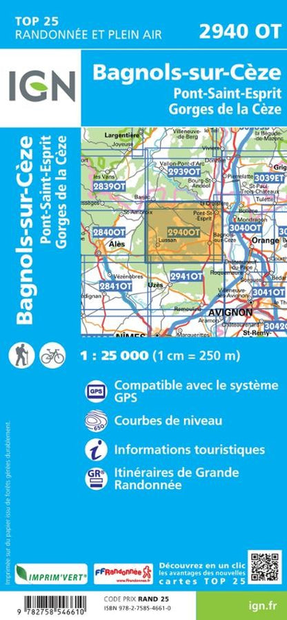 Carte IGN bagnols sur ceze pont saint esprit 2940OT série Top 25