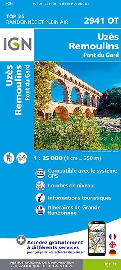 Carte IGN uzes remoulins pont du gard 2941OT série Top 25