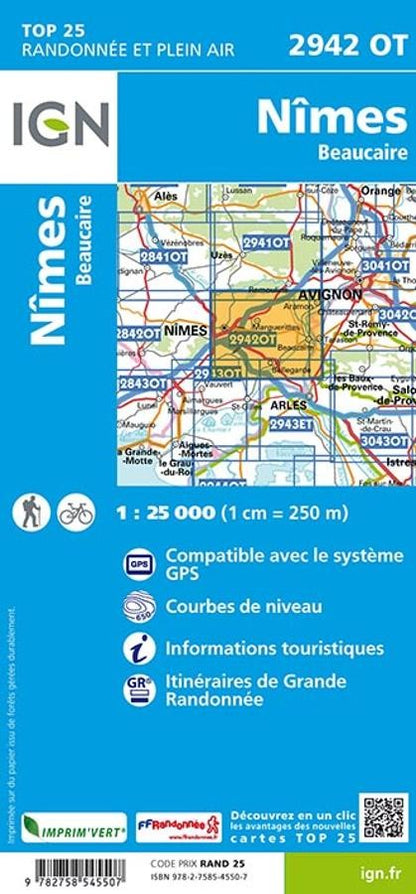 Carte IGN nimes beaucaire 2942OT série Top 25