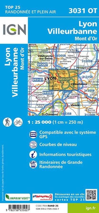 Carte IGN lyon villeurbanne mont or 3031OT série Top 25