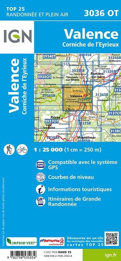 Carte IGN valence corniche de eyrieux 3036OT série Top 25