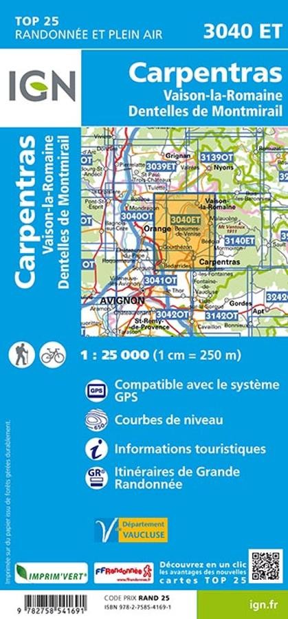 Carte IGN Carpentras Vaison-la-Romaine dentelles de montmirail 3040ET série Top 25