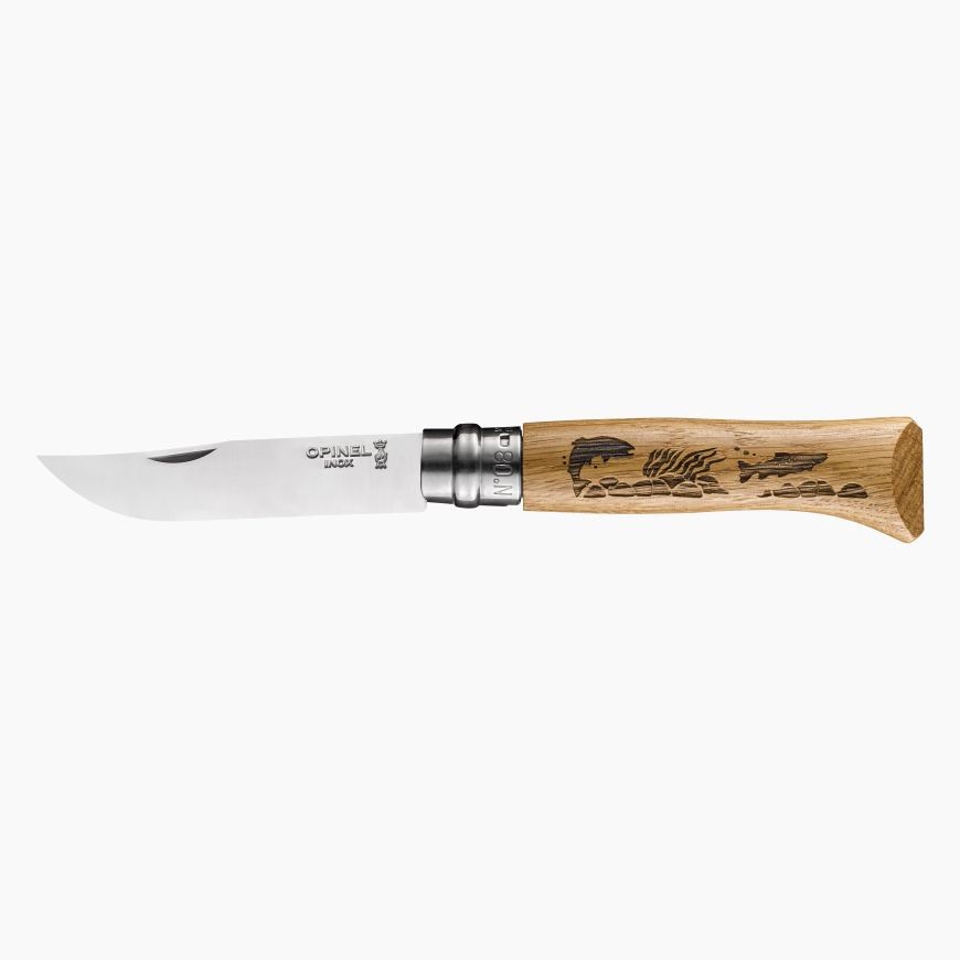 Couteau Opinel n°8 avec manche chêne gravé Poisson