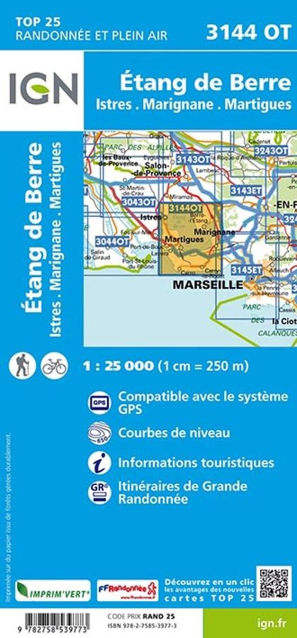 Carte IGN etang berre istres marignane martigues 3144OT série Top 25