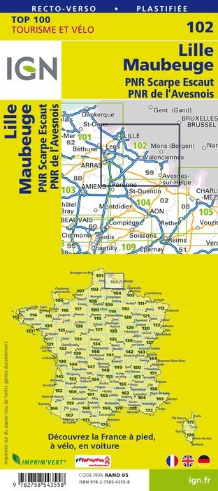 Carte Ign N° 102 Lille Maubeuge - Pnr Scarpe Escaut  Pnr De L'Avesnois