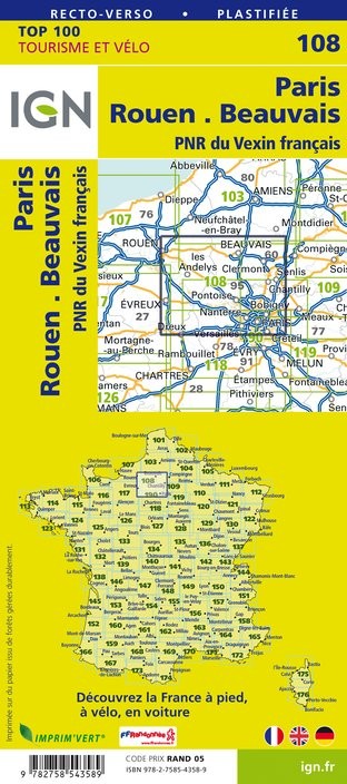 Carte Ign N° 108 Paris Rouen Beauvais - Pnr Du Vexin Français