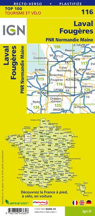 Carte Ign N° 116 Laval Fougères - Pnr Normandie Maine