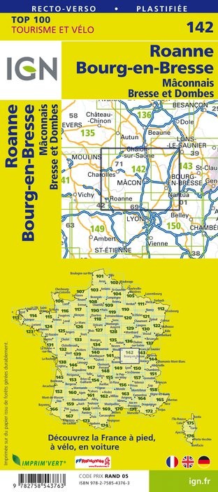 Carte Ign N° 142 Roanne Bourg-En-Bresse - Mâconnais Bresse Et Dombes