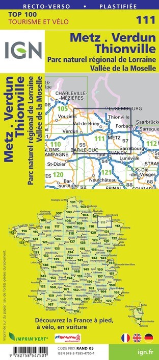 Carte Ign N° 111 Metz Verdun Thionville - Pnr De Lorraine Vallée De La Moselle