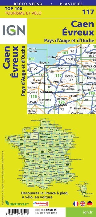 Carte Ign N° 117 Caen Evreux - Pays D'Auge Et D'Ouche