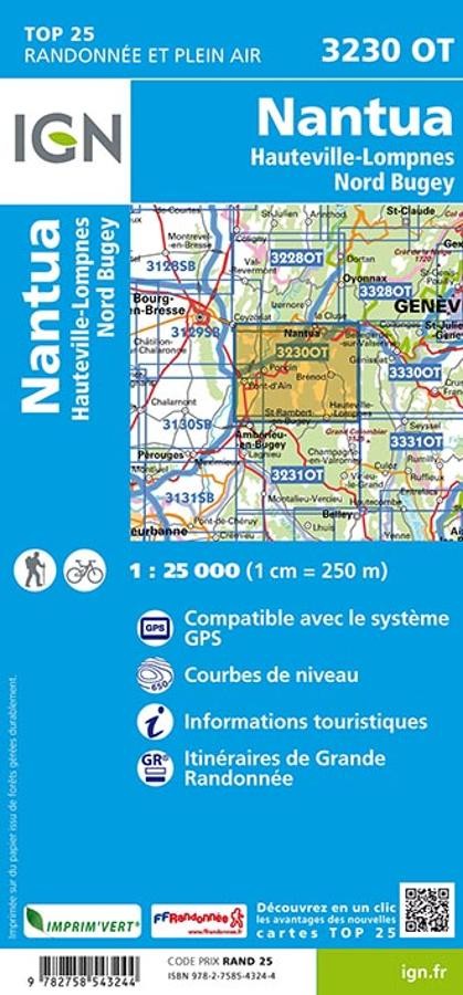 Carte IGN nantua hauteville lompnes nord bugey 3230OT série Top 25