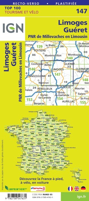 Carte Ign N° 147 Limoges Guéret - Pnr De Millevaches En Limousin