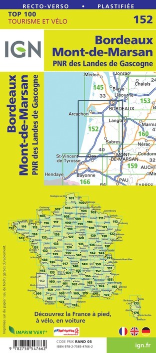 Carte Ign N° 152 Bordeaux Mont De Marsan - Pnr Des Landes De Gascogne