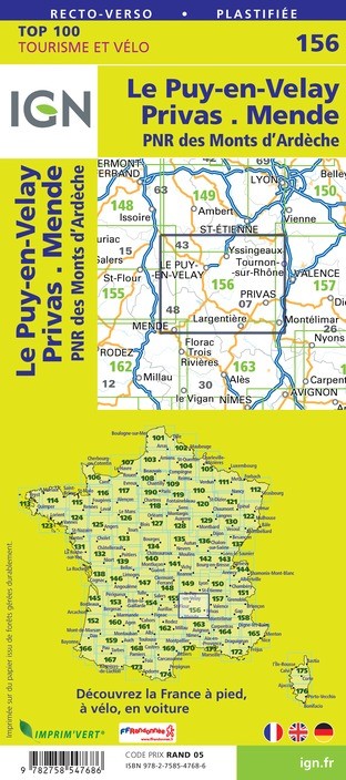 Carte Ign N° 156 Le Puy-En-Velay Privas Mende - Pnr Des Monts D'Ardèche